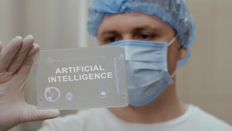 El-médico-utiliza-la-tableta-con-el-texto-Inteligencia-Artificial