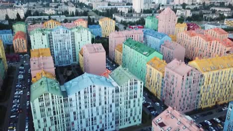 top-view-of-a-cozy-colorful-district,-colorful-houses-and-roads-filled-with-cars,-Comfort-Town-in-Kiev,-Ukraine