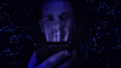 Smartphone-user-with-facial-recognition-in-a-digital-network-background.