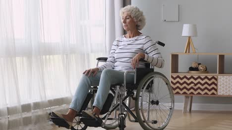 Thoughtful-sad-old-woman-sit-on-wheelchair-alone-at-home