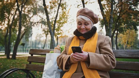 Rentnerin-schaut-auf-Bildschirm-ihres-Smartphones-und-lächelt,-während-sie-auf-der-Bank-im-Herbstpark-sitzt