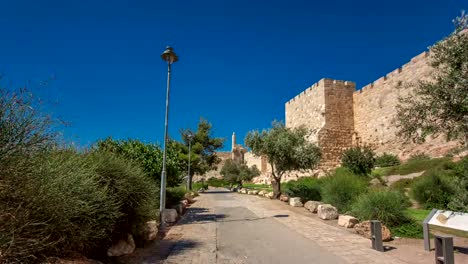 Die-Abwehrmauer-des-alten-heiligen-Jerusalemer-Zeitraffers,-der-von-der-hellen-Sonne-beleuchtet-wird.-Wunderbarer-grüner-Rasen