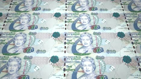 Banknotes-of-ten-bahamians-dollars-rolling-on-screen,-cash-money,-loop