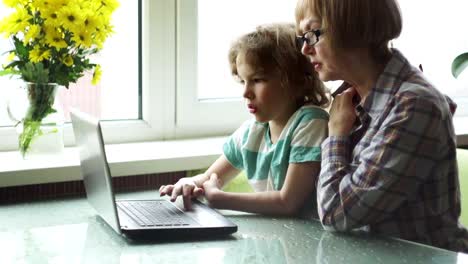 The-boy-of-younger-school-age-helps-the-elderly-woman-to-master-the-computer.