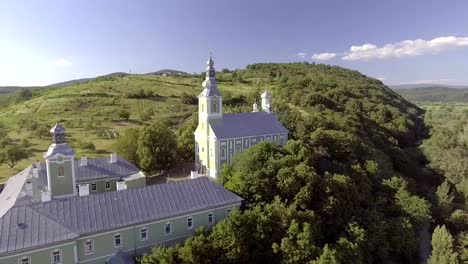 Flying-over-Saint-Nicholas-Monastery,-Mukachevo,-Ukraine