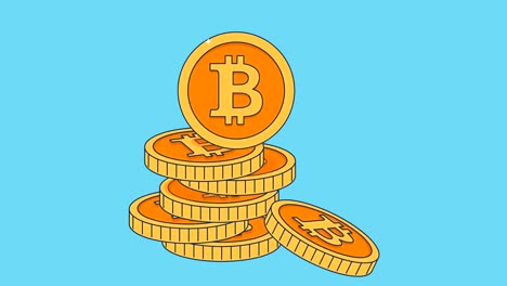 Animación-de-monedas-de-oro-con-bitcoin-muestra-en-estilo-plano.