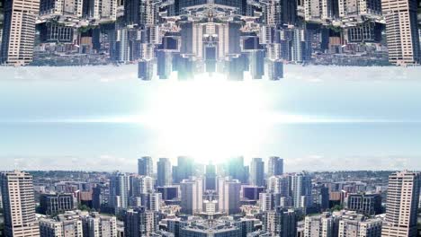 Powerful-Business-Background-of-Mirror-City-Aerial-and-Bright-Light-Flare