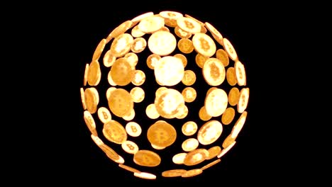 Rotating-sphere-of-golden-bitcoin-on-black-background-with-alpha-channel.