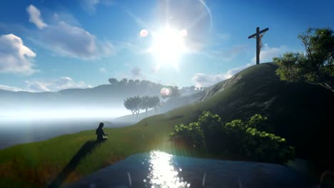 Christian-woman-praying-at-Jesus-cross,-blue-sky,-4K