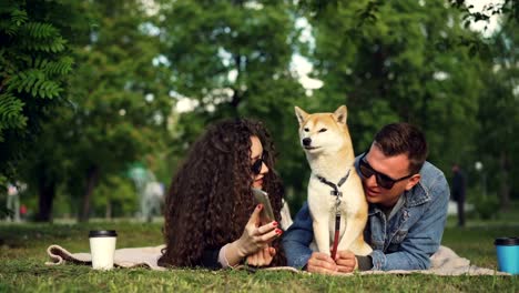 Joven-muestra-fotos-graciosas-en-smartphone-a-su-novio-mientras-se-relaja-en-el-parque-con-perro-de-animal-doméstico,-personas-yacen-en-cuadros-de-pasto-y-observación-de-la-pantalla.