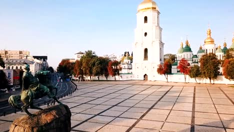 Saint-Sophia's-Cathedral,-square-with-Bohdan-Khmelnytsky-Monument.-Kiev-Kiyv-Ukraine-with-Places-of-Interest.-Aerial-drone-video-footage.-Sunrise-light