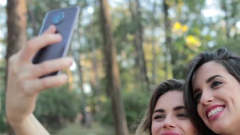 Freundinnen-unter-einem-Selfie-zusammen-mit-Handy-im-park