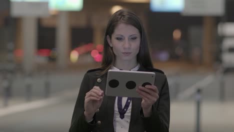 Cheerful-young-Caucasian-woman-surfing-the-internet-on-a-digital-tablet