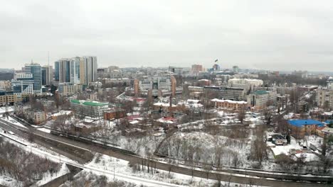 Aerial-view-on-winter-cityscape-of-downtown-area-in-Dnipro-city.