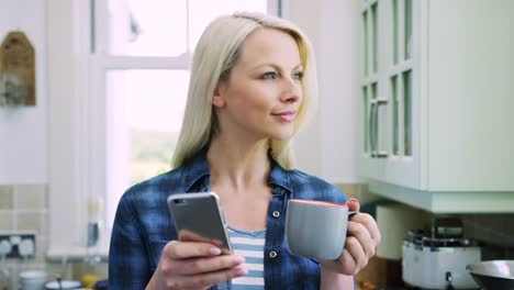 Beautiful-Blond-Woman-Texting-And-Looking-Out-Window