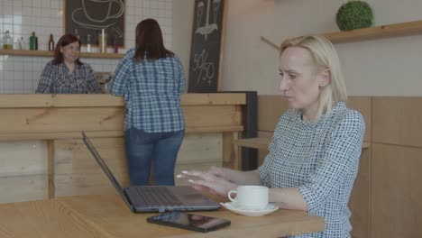 Bloguera-femenina-Pensive-trabajando-en-Laptop-en-café