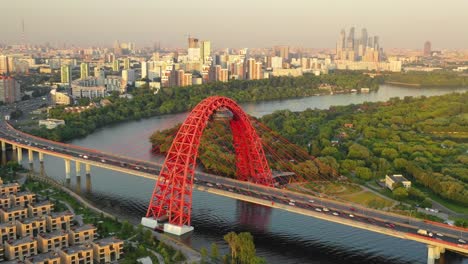 Aerial-view-of-the-modern-bridge-in-Moscow-at-sunset