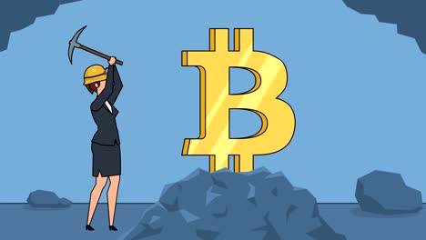 Flat-cartoon-businesswoman-miner-character-working-with-pickaxe-business-bitcoin-mining-concept-animation