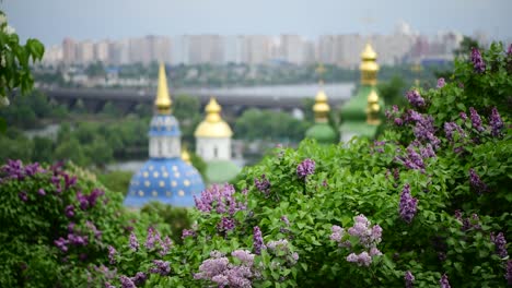 Frühling-Kiew-Panorama-nach-dem-Regen-Kirche-blühen-lila-Ukraine-4k-Video