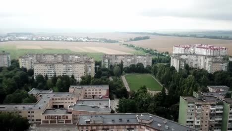 Aerial-view-of-town-with-socialist-soviet-style-of-building-at-cloudy-day.-Buildings-were-built-in-the-Soviet-Union.-The-architecture-looks-like-most-post-soviet-commuter-towns.