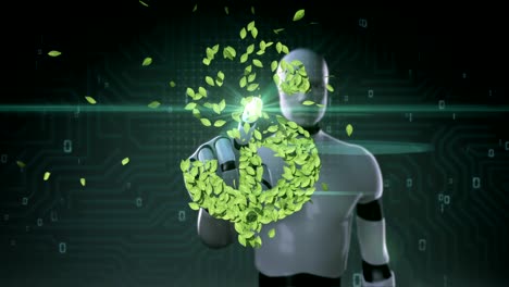 Cyborg-robot-tocando-el-signo-de-dólar,-la-hoja-verde-de-las-hojas.