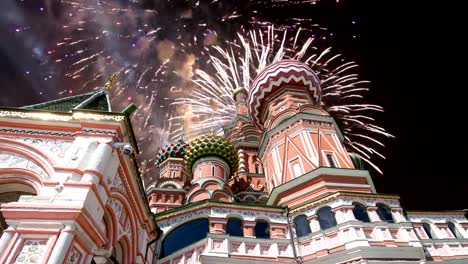 Cathedral-of-Intercession-of-Most-Holy-Theotokos-on-the-Moat-(-Temple-of-Basil-the-Blessed)-and-fireworks,--Red-Square,-Moscow,-Russia