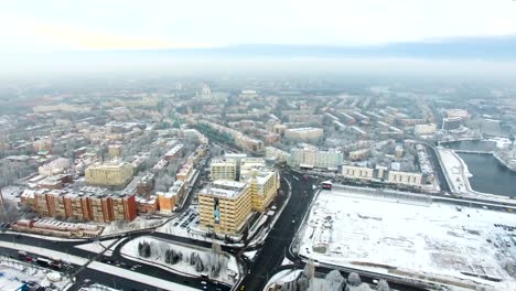 Aerial:-Snow-capped-city-of-Kaliningrad,-Russia