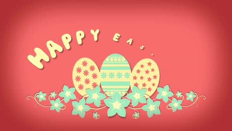 Happy-Easter-with-eggs,-flowers-and-butterflies