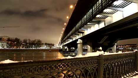 Moskva-River,-Luzhnetskaya-Bridge-(Metro-Bridge)-on-a-winter-evening.-Moscow,-Russia