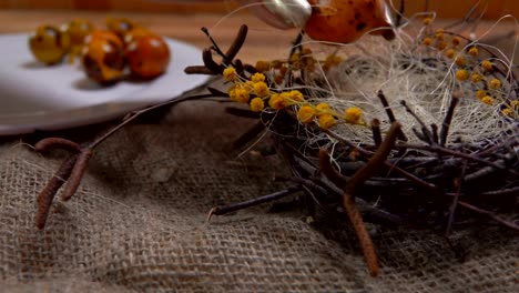 Yellow-colored-quail-eggs-are-laid-in-the-Easter-nest