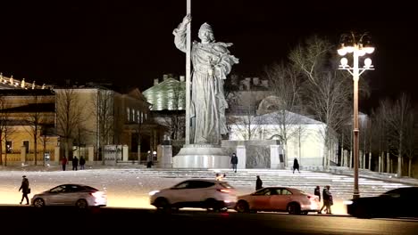 Christmas-(New-Year)-holidays-illumination-and-Monument-to-Holy-Prince-Vladimir-the-Great-on-Borovitskaya-Square-in-Moscow-near-the-Kremlin,-Russia