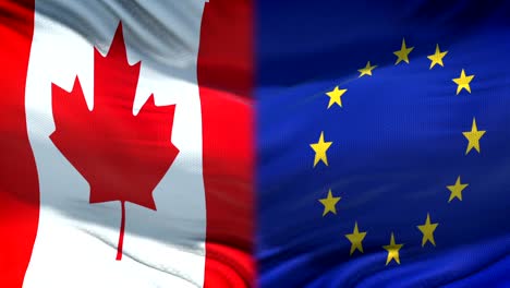 Canada-and-European-Union-flags-background,-diplomatic-and-economic-relations