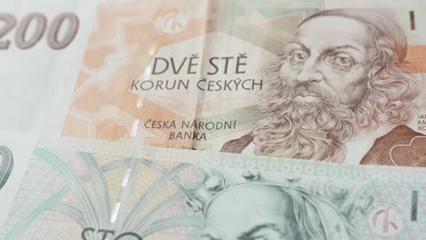 Shallow-DOF-national-Czech-Republic-koruna-currency-4K-2160p-30fps-UltraHD-tilting-footage---Slow-tilt-on-paper-denominations-of-Czechia-crown-banknotes-3840X2160-UHD-video