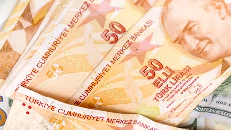 Geldhintergrund-mit-türkischen-Lira,-hundert-Dollar-und-fünfzig-türkischer-Lira-Hintergrund.-Zufallsgelder,-Wirtschafts-und-Finanzkrise