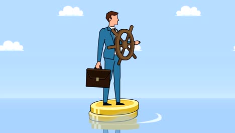 Flat-cartoon-businessman-character-with-helm-wheel-floating-on-dollar-coins-businesss-control-concept-animation