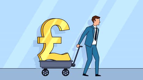 Flat-cartoon-businessman-character--pulls-cart-with-pound-sterling-sign-money-concept-animation-with-alpha-matte