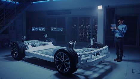 Automobile-Engineer-Working-on-Electric-Car-Chassis-Platform,-Using-Tablet-Computer-Augmented-Reality-with-3D-CAD-Software-Modelling.-Innovative-Facility:-Vehicle-Frame-with-Wheels,-Engine,-Battery