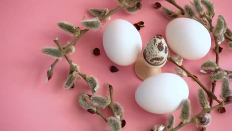 Ostereier-auf-rosa-Hintergrund-mit-einem-Weidenzweig