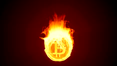 Bitcoin-cryptocurrency-burning-in-fire.-Red-market-decline,-crash-and-bubble