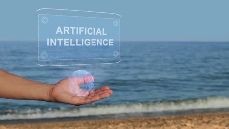 Hands-on-beach-hold-hologram-text-Artificial-Intelligence