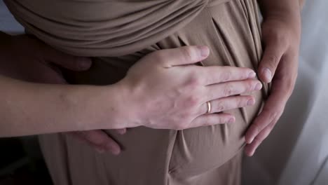 pregnant-woman-in-a-brown-dress-and-her-husband-in-a-white-t-shirt