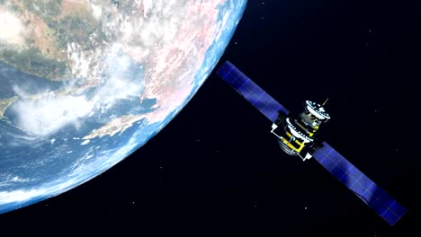 Satellit-fliegt-über-die-Erde-im-Weltraum,-4K-Auflösung-Video