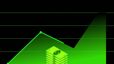 Dollar-fallen-in-einem-Haufen-auf-schwarzem-Hintergrund-grüne-Linie-Graph