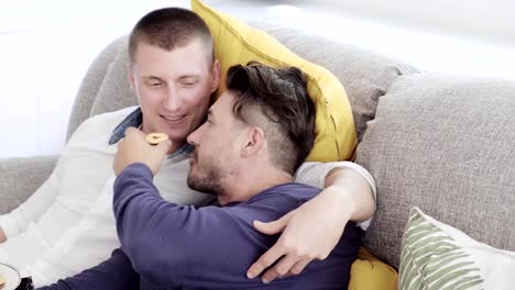 Pareja-gay-relajándose-en-el-sofá.-Mirando-la-televisión-y-sosteniendo-la-placa-de-galletas.