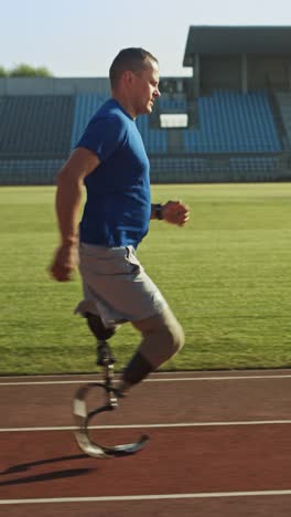 Athletic-Disabled-Fit-Man-mit-Prothetic-Running-Blades-trainiert-im-Stadion.-Amputierteläufer-Jogging-auf-der-Stadionbahn.-Motivations-Paralympics-Champion.-Vertikale-Bildschirmausrichtung-Video-9:16