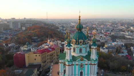 Fly-around-St.-Andrews-Church-in-Kiev,-Ukraine