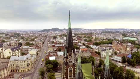 Flying-over-Church-Of-St.-Elizabeth-In-Lviv,-Ukraine