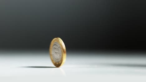 Coin-of-1-Euro-Rolling-against-White-Background,-Slow-motion-4K