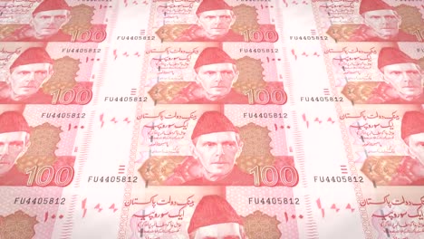 Banknotes-of-one-hundred-Pakistani-rupees-of-Pakistan-rolling,-cash-money,-loop