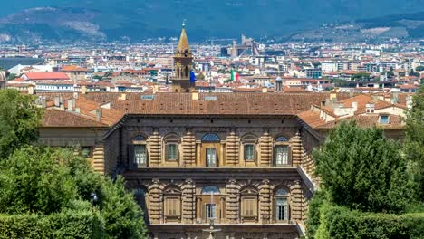 The-Boboli-Gardens-park-timelapse,-Fountain-of-Neptune-and-a-distant-view-on-The-Palazzo-Pitti,-in-Florence,-Italy.-Popular-tourist-attraction-and-destination